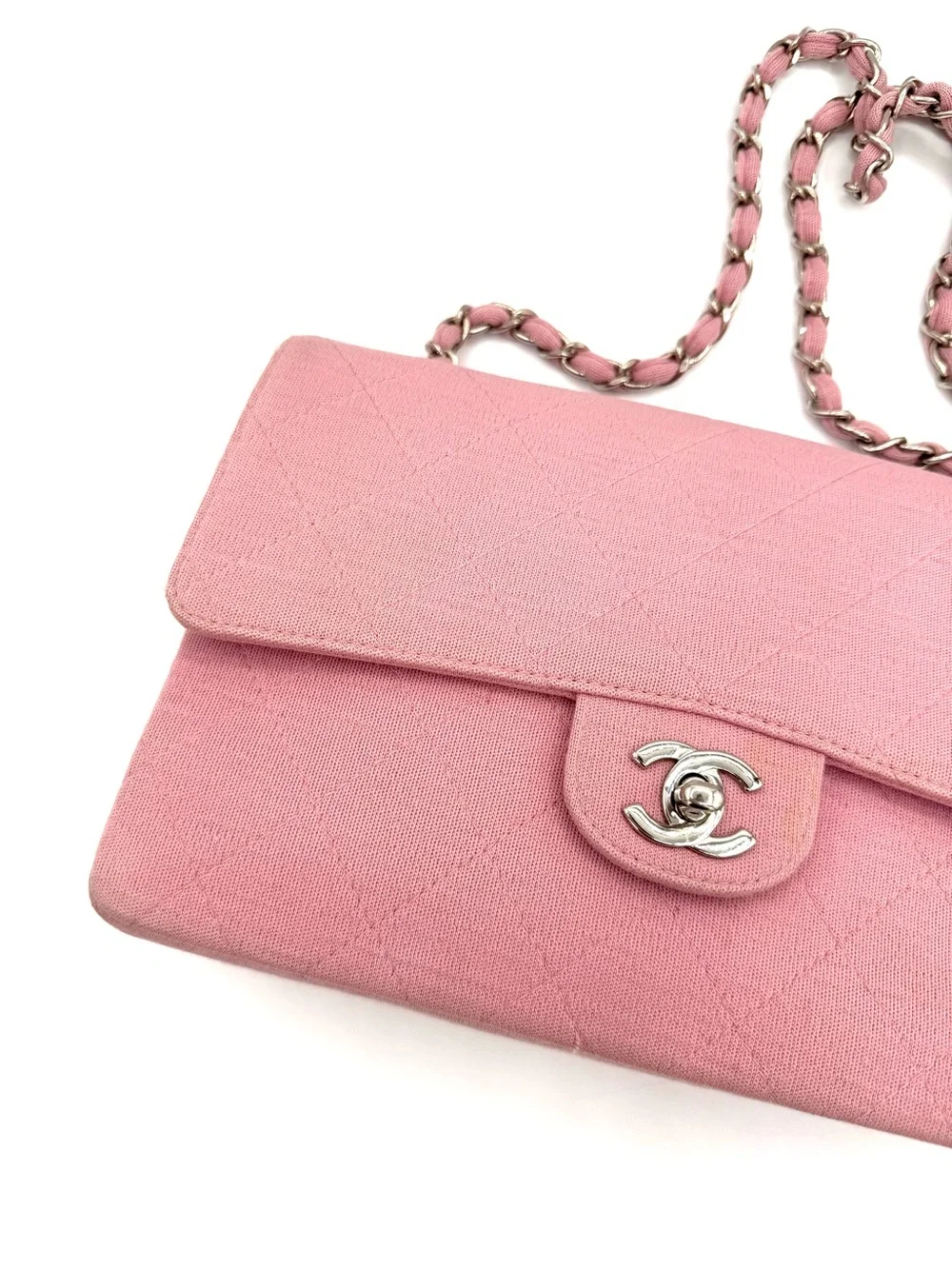 CHANEL Pink Quilted Flap Shoulder Bag with Silver Chain